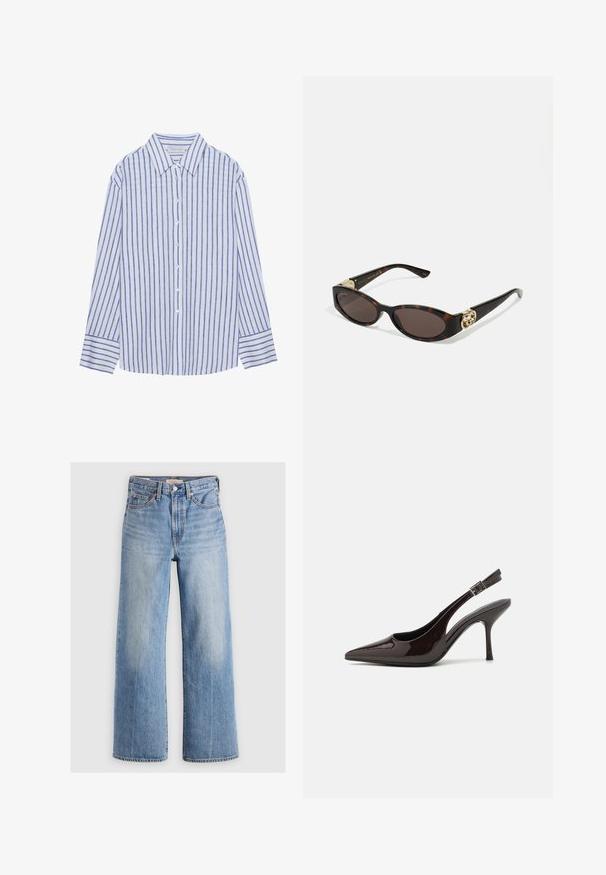 Beige trench coat with a double-breasted design, large collar, and belt. Features long sleeves with adjustable cuffs and side pockets.; Light blue button-up shirt with vertical white and blue stripes, featuring a classic collar and long sleeves with buttoned cuffs.; Light blue denim wide-leg jeans with a high waist, faded areas, five pockets, and contrast stitching. Classic button and zipper closure.; Slingback high-heeled shoe in glossy dark brown patent leather, pointed toe, open sides, and adjustable ankle strap.; Tortoiseshell sunglasses with elongated oval lenses, brown tint, gold logo accents on temples, and sleek black arms.