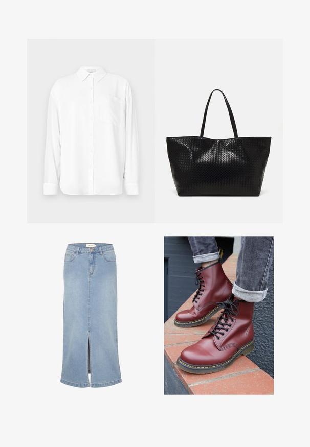 Beige trench coat with a double-breasted design, large collar, and belt. Features long sleeves with adjustable cuffs and side pockets.; White long-sleeve shirt made of smooth fabric, featuring a classic collar, button front, and a chest pocket on the left side.; Light blue denim midi skirt with a front slit, straight cut, classic five-pocket design, and a faded finish. Features white brand label.; Burgundy leather lace-up boots with a rounded toe, black laces, and yellow stitching, resting on a brick surface.; Black woven tote bag with two sturdy handles, featuring a glossy texture and a spacious open top design.