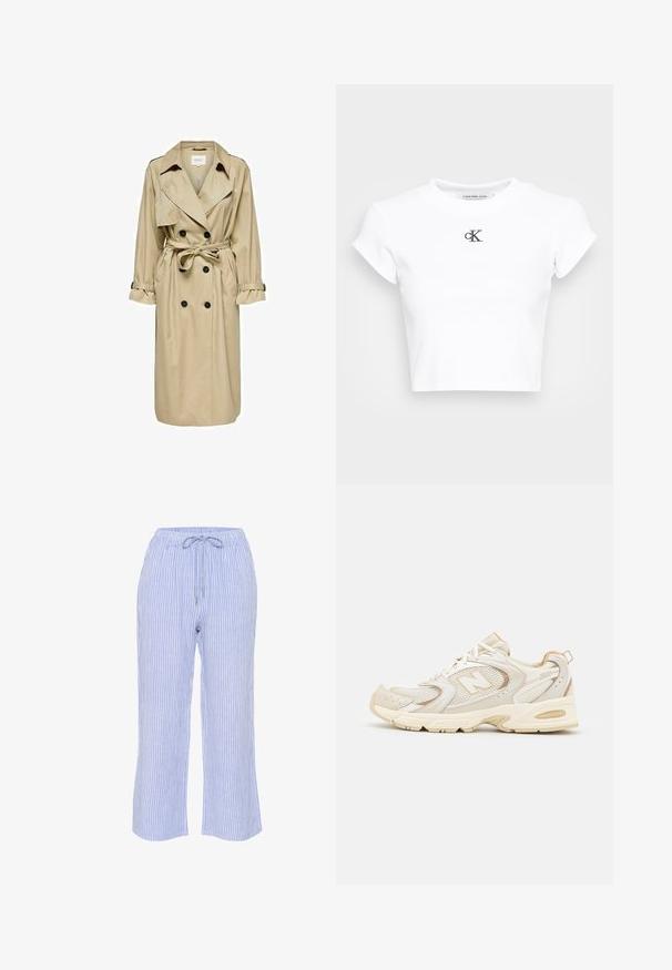 Trench coat bej cu un design cu două rânduri de nasturi, guler mare și curea. Are mâneci lungi cu manșete ajustabile și buzunare laterale.; Tricou scurt alb, realizat din țesătură ribbed. Dispune de un decolteu rotund și mâneci scurte. Logo-ul "cK" brodat în negru pe piept.; Pantaloni cu dungi albastre și albe, confecționați dintr-un material ușor, având o talie elastică cu șnur și un design cu picioare drepte.; Încălțăminte sport bej cu plasă și suprapuneri sintetice, având o suprafață texturată, guler umplut și amortizare „ABZORB” la călcâi.
