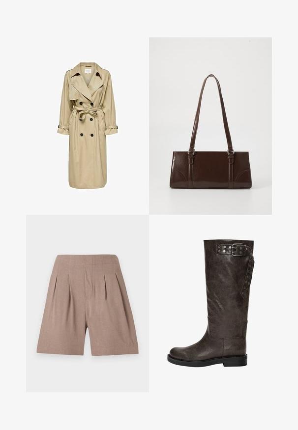 Trench coat beige con design doppiopetto, ampio colletto e cintura. Presenta maniche lunghe con polsini regolabili e tasche laterali.; Body marrone con spalline sottili regolabili e bordo in pizzo su una profonda scollatura a V. Tessuto liscio, design aderente e gambe alte.; Pantaloni corti a pieghe marroni realizzati in un materiale leggero, con una consistenza liscia e una vestibilità sartoriale, caratterizzati da un design pulito e minimalista.; Stivale in pelle marrone fino al ginocchio con una finitura texturizzata, dotato di una fibbia e di dettagli a scatto laterali, e una suola di gomma piatta.; Borsa in pelle verniciata marrone di forma rettangolare, con due manici lunghi e sottili accenti curvi sul davanti.