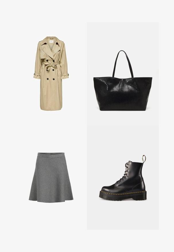 Beige Trenchcoat mit doppelt geknöpftem Design, großem Kragen und Gürtel. Verfügt über lange Ärmel mit verstellbaren Manschetten und seitlichen Taschen.; Weißes Langarmshirt aus weichem, glattem Stoff. Hat einen Rundhalsausschnitt und eine taillierte Passform mit minimalen Nähdetails.; Grauer, ausgestellter Rock aus weichem Stoff, mit einem geschmeidigen Bund und einem Saum, der sanft ausläuft, mit einer dezenten Textur und ohne Muster.; Schwarze Leder-Schnürstiefel mit knöchelhohem Schaft, einer robusten schwarzen Sohle und gelben Nähten. Verfügt über eine Lasche hinten und runde Metallösen.; Schwarze geflochtene Tragetasche mit zwei stabilen Griffen, die eine glänzende Textur und ein geräumiges offenes Design bietet.