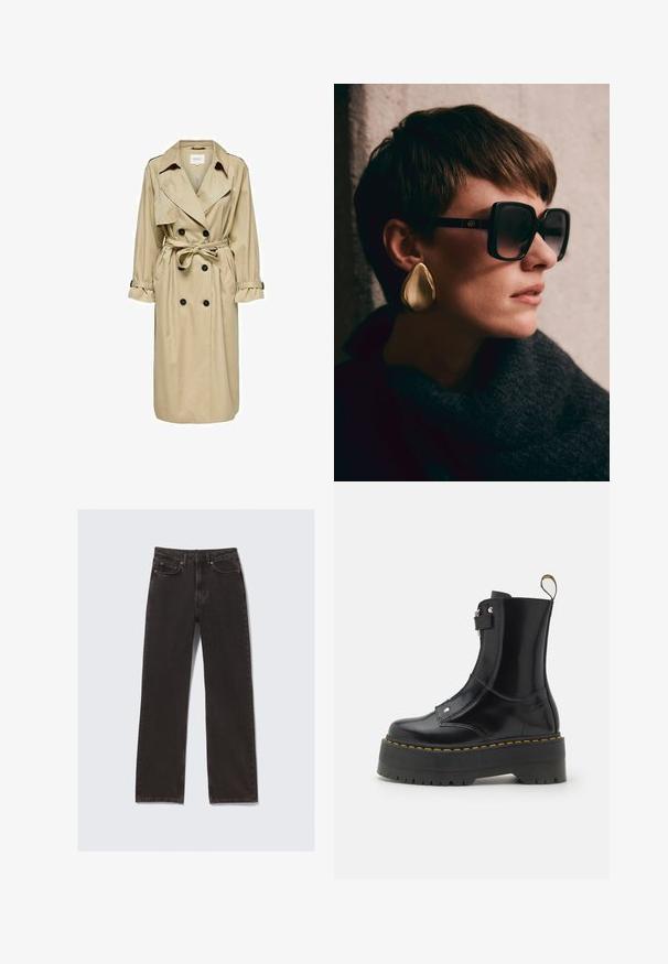 Μπεζ παλτό trench με διπλό κούμπωμα, μεγάλο γιακά και ζώνη. Διαθέτει μακριά μανίκια με ρυθμιζόμενους καρπούς και πλευρικές τσέπες.; Μαύρο αμάνικο μπλουζάκι με τετράγωνη λαιμόκοψη, φτιαγμένο από απαλό ύφασμα. Κολακευτική γραμμή χωρίς σχέδια ή μεταλλικές λεπτομέρειες.; Μαύρο τζιν παντελόνι με ίσια γραμμή, διαθέτει μπροστινές τσέπες, θηλιές ζώνης και διακριτές λεπτομέρειες ραφής. Κατασκευασμένο από ανθεκτικό βαμβακερό υλικό.; Dr. Martens JETTA HI MAX - Μποτάκια πλατφόρμα - black; Μαύρα υπερμεγέθη γυαλιά ηλίου με σκούρους φακούς και χρυσές λεπτομέρειες, συνδυασμένα με ένα μεγάλο, γυαλιστερό χρυσό σκουλαρίκι σε σχήμα σταγόνας. Σκούφος με υφή. ; Μαύρη κουβερτίνα δερμάτινη τσάντα με χρυσή αλυσίδα και λεπτομέρεια λογότυπου. Ορθογώνιο σχήμα, λεία υφή, με κλείσιμο από καπάκι.