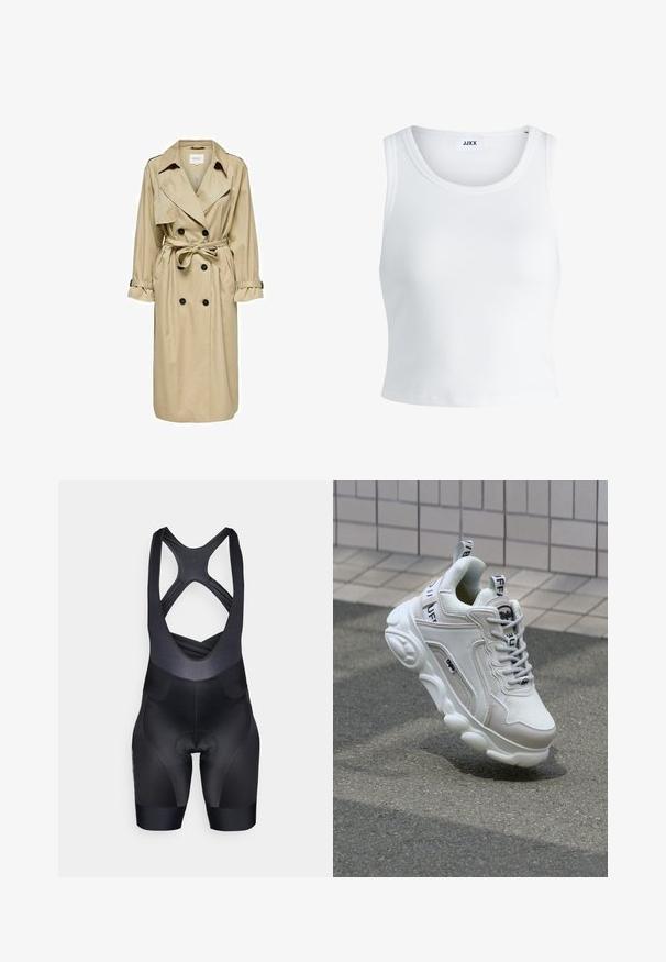 Beez trench coat topeltöödeldud disainiga, suure kraega ja vööga. Omab pikki varrukaid, millele on reguleeritavad mansetid, ning küljetaskut.; Valge ribakujuline tank top, millel on ümmargune kaelus, varrukateta disain ja lühike pikkus. Silt ütleb "JJXX." Sile kangast tekstuur.; Mustad musto kergelt keha külge liibuvad jalgratturid, tekstuurse ülemise osa ja polsterdatud istumisega. Omab ristkülikukujulisi rihmasid ja nähtavaid logosid ei ole.; Valge tenniseking, mis on valmistatud võrgu- ja nahamaterjalidest, ümardatud varbaga, paksu tallaga, silmapaistvate paeltega ning brändingu ja sildiga kandadel ja keeltel.