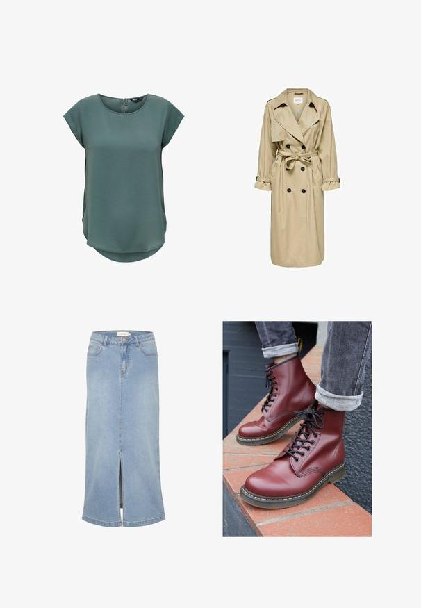 Beige trench coat with a double-breasted design, large collar, and belt. Features long sleeves with adjustable cuffs and side pockets.; Green short-sleeve top made of textured fabric. Features a round neckline and a discreet zip closure at the back, with a slightly curved hem.; Light blue denim midi skirt with a front slit, straight cut, classic five-pocket design, and a faded finish. Features white brand label.; Burgundy leather lace-up boots with a rounded toe, black laces, and yellow stitching, resting on a brick surface.