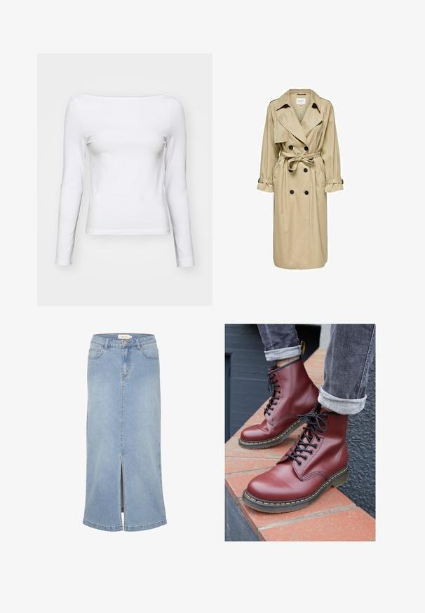 Beez trench coat topeltöödeldud disainiga, suure kraega ja vööga. Omab pikki varrukaid, millele on reguleeritavad mansetid, ning küljetaskut.; Valge pikakäsine T-särk ruudukujulise kaelusega, kitsas lõige, valmistatud pehmest puuvillast materjalist. Sile tekstuur, ilma mustrite või aktsentideta.; Hele sinine denim midi seelik, millel on ees lõhenemine, sirge lõige, klassikaline viie taskuga disain ja vahelduv viimistlus. Omab valget brändi sildi.; Burgundia nahast nööridega saapad, ümarate varvastega, mustade nööride ja kollaste õmblustega, puhkeasendis telliskivipinnal.