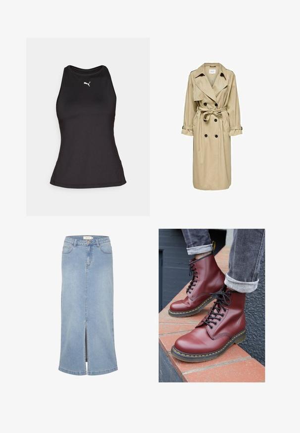 Bež plašč z dvojnim zapenjanjem, velikim ovratnikom in pasom. Ima dolge rokave z nastavljivimi manšetami in stranskima žepoma.; Puma RACERBACK TANK - Top - black; Svijetloplavi traper midi suknja s prednjim prorezom, ravnog kroja, klasičnog dizajna s pet džepova i izblijedjelim završnim slojem. Ima bijelu oznaku branda.; Burgundske usnjene čipkaste škornje s zaobljenim nosom, črnimi vezalkami in rumenim šivanjem, ki počivajo na opečnati površini.