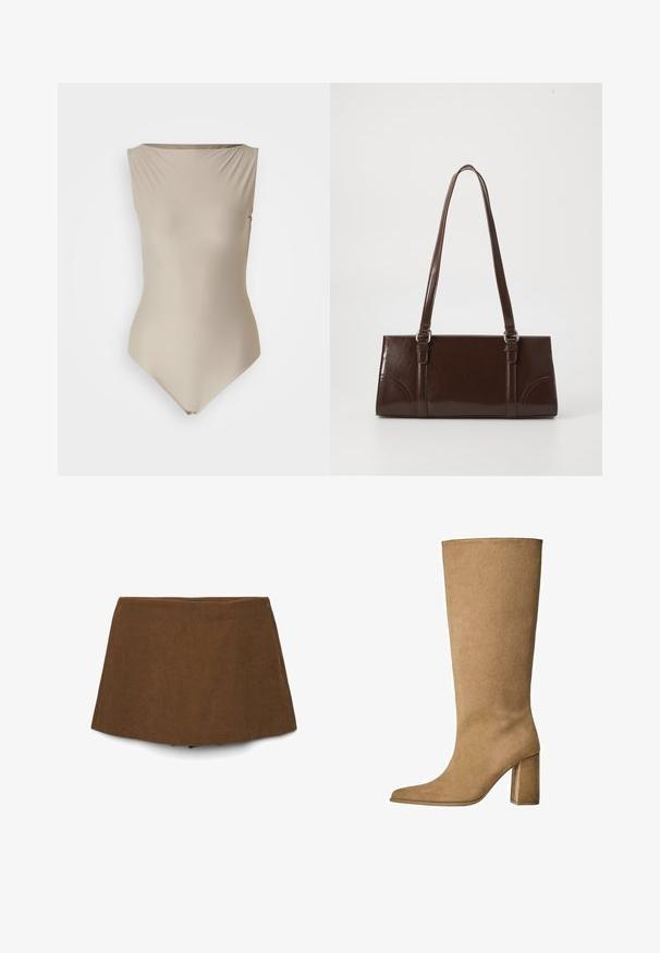 Beige Trenchcoat mit doppelt geknöpftem Design, großem Kragen und Gürtel. Verfügt über lange Ärmel mit verstellbaren Manschetten und seitlichen Taschen.; Beiger Body mit einem Bootsausschnitt, ärmellosem Design und glattem, elastischem Stoff. Verfügt über einen hochgeschnittenen Beinausschnitt und einen Druckknopfverschluss am unteren Ende.; Brauner Cord-Rock im A-Linie mit einem dezenten seitlichen Reißverschluss, vor einem weißen Hintergrund präsentiert.; Hellbraune Wildleder-Stiefel bis zum Knie mit Blockabsatz, spitz zulaufender Zehenform und glatter Textur. Minimalistisches Design ohne Verzierungen.; Braune Lackleder-Handtasche in rechteckiger Form, mit zwei langen Griffen und subtilen, geschwungenen Akzenten auf der Vorderseite.