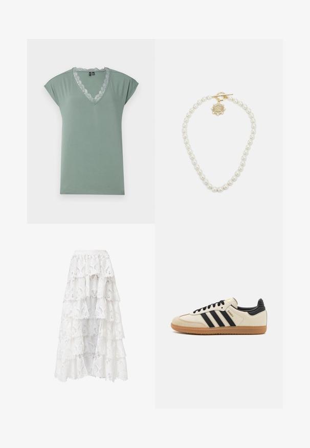 Trench coat beige con design doppiopetto, ampio colletto e cintura. Presenta maniche lunghe con polsini regolabili e tasche laterali.; T-shirt verde chiaro a V in morbido tessuto con rifiniture in pizzo lungo il collo, presenta maniche corte a sbuffo e una vestibilità comoda.; Gonna di pizzo bianca con un design a strati e bordi scallop. Il materiale presenta un motivo floreale e una texture che creano un aspetto stratificato.; Scarpa sportiva beige con strisce nere, suola in gomma naturale e dettagli neri. Presenta una tomaia in pelle liscia e un design a punta arrotondata.; Lauren Ralph Lauren COLLAR - Collana - gold-coloured/white