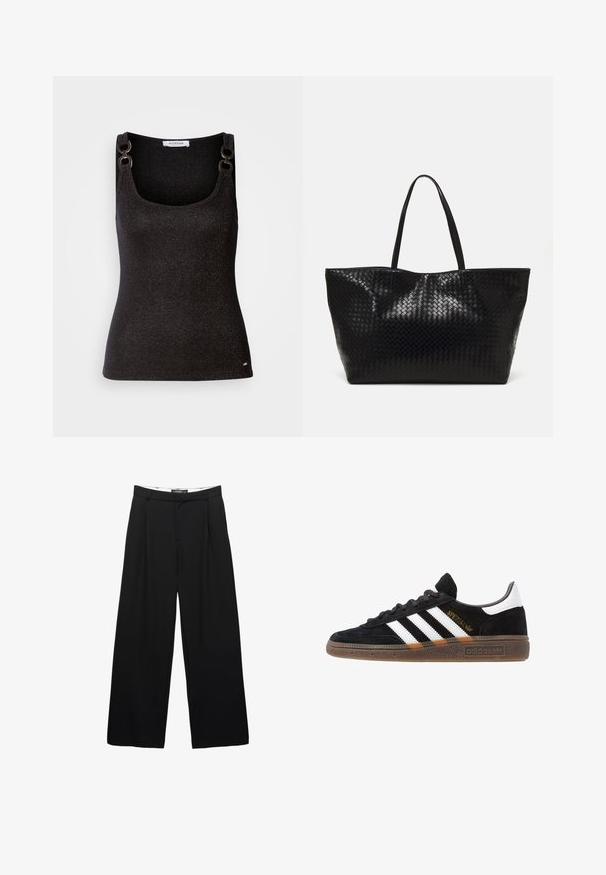 Trench coat bej cu un design cu două rânduri de nasturi, guler mare și curea. Are mâneci lungi cu manșete ajustabile și buzunare laterale.; Top negru fără mâneci, cu decolteu rotund, decorat cu sclipiri metalice, accesorii decorative pe umeri și o siluetă ajustată.; Pantaloni negri cu picioare largi, confecționați dintr-un material neted. Au plisaje frontale, o talie cu bucle pentru curea și o siluetă ajustată.; Sneaker Adidas negre cu dungi albe, text aurit "Spezial", talpă din cauciuc și tab de călcare alb, prezentat din vedere laterală.; Geantă de umăr țesută neagră, cu două mânere rezistente, având o textură lucioasă și un design deschis, spațios la partea superioară.