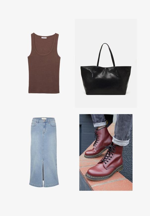 Béžový trenčkot s dvojradovým dizajnom, veľkým golierom a opaskom. Má dlhé rukávy s nastaviteľnými manžetami a bočné vrecká.; Hnedý bavlnený top bez rukávov s okrúhlym výstrihom a širokými ramienkami, ktorý má hladkú textúru a neformálny dizajn.; Svetlomodrá denimová midi sukňa s predným rozparkom, rovný strih, klasický dizajn s piatimi vreckami a vyblednutým povrchom. Obsahuje bielu značkovú nálepku.; Bordové kožené šnurovacie čižmy s oble špičkou, čiernymi šnúrkami a žltým prešívaním, položené na tehlicovej ploche.; Čierna tkaná taška s dvoma pevnými uchami, s lesklým povrchom a priestranným otvoreným dizajnom vrchnej časti.