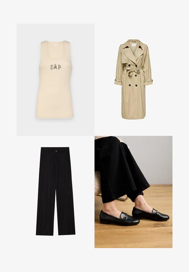 Beez trench coat topeltöödeldud disainiga, suure kraega ja vööga. Omab pikki varrukaid, millele on reguleeritavad mansetid, ning küljetaskut.; GAP TANK - Topp - bedrock; Laiad mustad püksid, mis on valmistatud siledast kangast, esipoolse taskuga ja nööbkinnitusega vööl. Minimalistlik disain ilma mustriteta.; Mustad nahast loafers, millel on ruudukujuline varvas ja väike konts, kaunistatud kuldse tooni dekoratiivse metallosaga üleval.