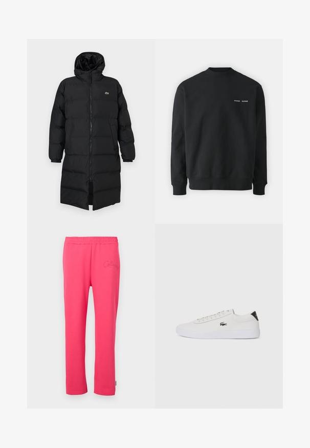 Black puffer coat with a hood, featuring a full zipper, long sleeves, and a knee-length design. Soft, quilted texture with logo detail.; Black sweatshirt with a crew neck, ribbed cuffs, and hem. Features a small white logo on the left chest. Made from soft fabric.; Pink cotton lounge pants with an elastic waistband and embroidered logo detail on the front. Features a straight-leg design.; White leather sneaker with round toe, lace-up front, and black heel accent. Features a small embroidered crocodile logo on the side.