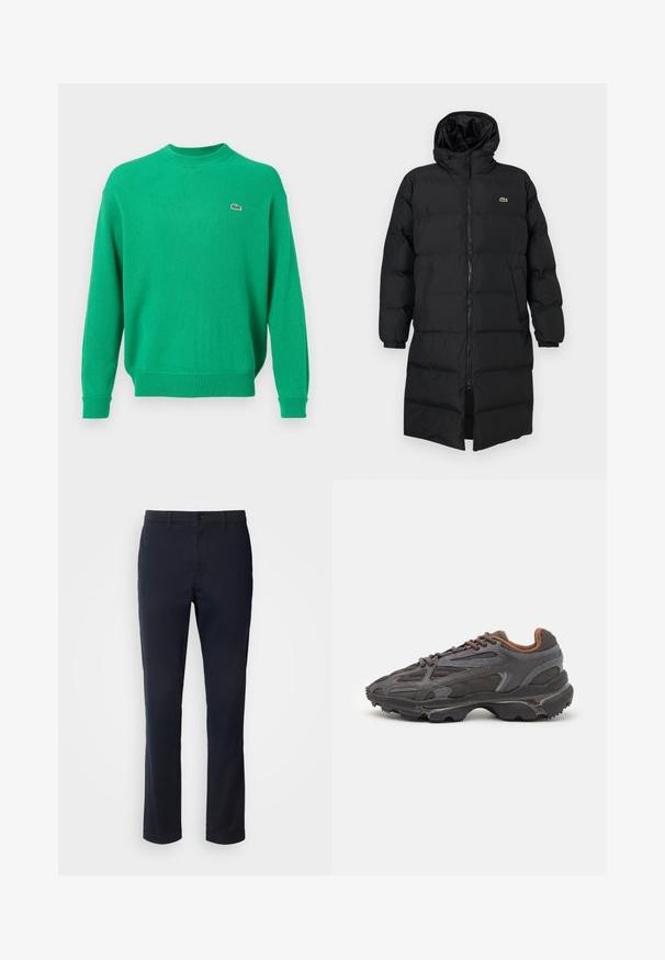 Black puffer coat with a hood, featuring a full zipper, long sleeves, and a knee-length design. Soft, quilted texture with logo detail.; Lacoste Jumper - calathea; Navy blue trousers made of smooth fabric, featuring a straight leg design, belt loops, and a button closure with a zip fly.; Lacoste sneakers in dark gray with mesh and synthetic material, featuring a textured sole and brown accents on the collar and branding.