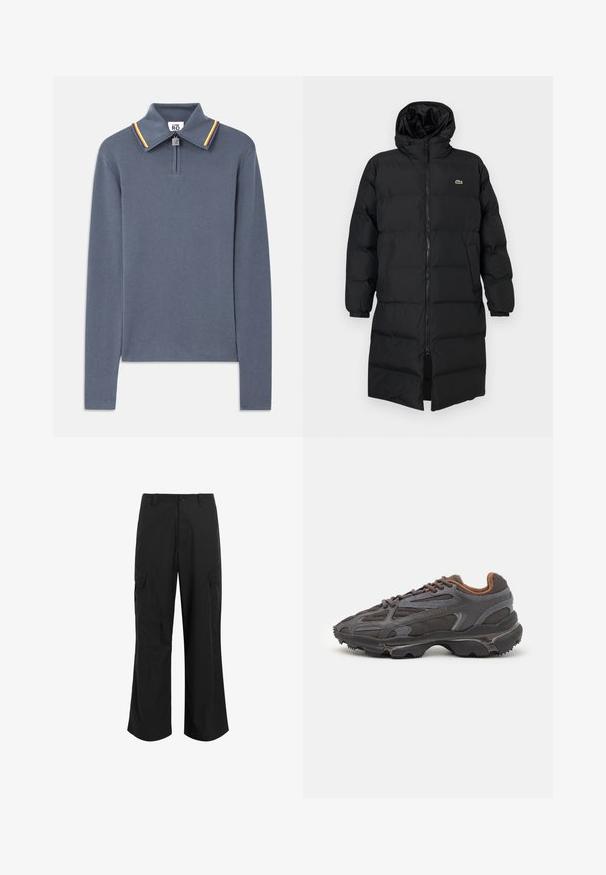 Zwarte pufferjas met een kap, voorzien van een volledige ritssluiting, lange mouwen en een lengte tot de knie. Zachte, gewatteerde textuur met logo-detail.; Polo met lange mouwen in blauw met een rits bij de hals, met een contrasterende gestreepte kraag in rood, geel en groen. Soepele gebreide textuur.; Zwarte cargobroek van lichtgewicht stof, met een relaxte pasvorm, twee grote zijzakken en een knoopsluiting.; Lacoste sneakers in donkergrijs van mesh en synthetisch materiaal, met een gestructureerde zool en bruine accenten op de kraag en branding.