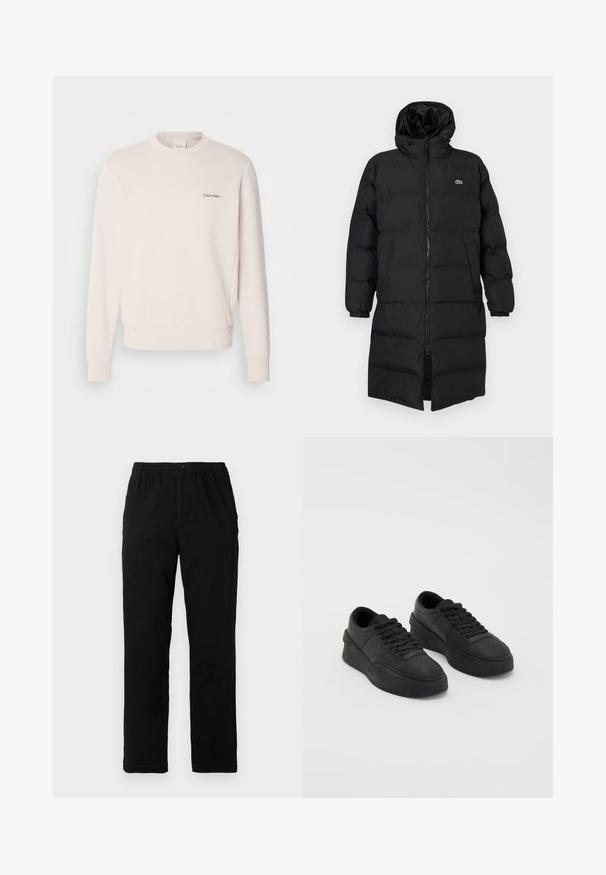 Geacă puffer neagră cu glugă, dotată cu fermoar complet, mâneci lungi și un design până la genunchi. Textură moale, matlasată, cu detalii ale logo-ului.; Sweatshirt de culoare crem, fabricat dintr-un amestec moale de bumbac, cu guler rotund și manșete ribotate, având un mic logo Calvin Klein negru pe piept.; Pantaloni negri dintr-un material textil amestecat de bumbac, cu croială dreaptă, talie elastică cu nasture și fără modele sau accente vizibile.; Tenisi negri din piele netedă, cu o talpă amortizată. Caracteristicile includ șireturi plate, perforații pe vârf și un profil elegant.