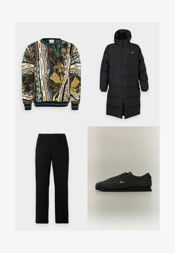 Mustahomeinen musta untuvatakki hupulla, jossa on täysipitkä vetoketju, pitkät hihat ja polvenpituinen malli. Pehmeä, tikkikuvioitu pinta logotiedolla.; Neulepaita, jossa on eloisia abstrakteja kuvioita mustassa, valkoisessa, keltaisessa ja vihreässä. Pyöreä pääntie ja ribbadut hihansuut viimeistelevät muotoilua.; Mustat housut, jotka on valmistettu puuvilla-sekoitekankaasta, suoran mallin, joustavan vyötärönauhan ja napin kanssa, ilman näkyviä kuvioita tai yksityiskohtia.; Musta matala tennari, jossa on nauhakiinnitys, tekstuuripohja ja kultainen krokotiililogo sivulla.