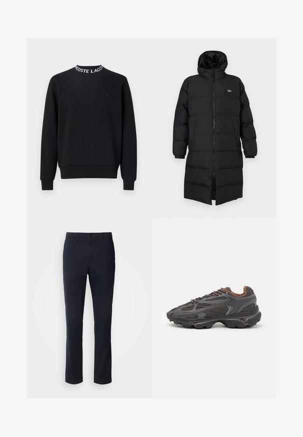 Piumino nero con cappuccio, caratterizzato da una zip completa, maniche lunghe e un design fino al ginocchio. Texture morbida e trapuntata con dettaglio del logo.; Felpa nera con scollo rotondo, testo bianco "LACOSTE", polsini e orlo a coste, e un piccolo logo nero sul petto.; Pantaloni blu navy realizzati in tessuto liscio, con un design a gamba dritta, passanti per cintura e chiusura con bottone e zip.; Sneaker Lacoste grigie scure in materiale mesh e sintetico, con suola testurizzata e dettagli marroni sul colletto e sul branding.