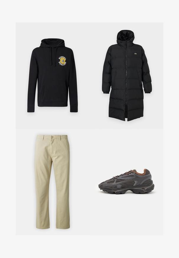 Schwarze Daunenjacke mit Kapuze, ausgestattet mit einem vollen Reißverschluss, langen Ärmeln und einem knielangen Schnitt. Weiche, gesteppten Textur mit Logodetail.; Schwarzer Kapuzenpullover aus Baumwolle mit Fronttasche, Kordelzugkapuze und einem bunten, bestickten Sonnenblumen-Motiv. Mit gerippten Bündchen.; Beige Baumwollhose mit geradem Bein, mit vorderem Knopfverschluss und Gürtelschlaufen. Glatte Textur, keine sichtbaren Muster oder Akzente.; Lacoste Sneaker in Dunkelgrau aus Mesh und Synthetikmaterial, mit einer strukturierten Sohle und braunen Akzenten am Kragen und Logo.