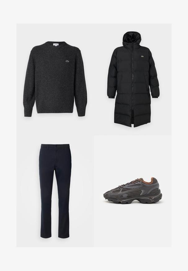 Casaco puffer preto com capuz, apresentando um fecho de correr completo, mangas longas e um design até ao joelho. Textura suave e acolchoada com detalhe do logotipo.; Lacoste Camisola - bitume neps; Calças azul marinho feitas de tecido suave, com um design de perna reta, passantes para cinto e fecho de botão com fecho de correr.; Ténis Lacoste em cinza-escuro com material em malha e sintético, apresentando uma sola texturizada e detalhes castanhos na gola e na marca.