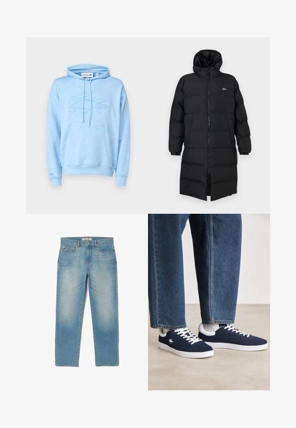 Czarna kurtka puchowa z kapturem, z pełnym zamkiem, długimi rękawami i długością sięgającą kolan. Miękka, pikowana tekstura z detalem logo.; Lacoste - Bluza; Jasnoniebieskie dżinsy o prostym kroju, pięć kieszeni i lekko wyblakły kolor. Zawierają srebrne elementy ozdobne oraz metkę z logo na pasku.; Niebieskie płócienne sneakersy z białymi sznurowadłami i gumowymi podeszwami, wyeksponowane z dżinsowymi spodniami i szarymi skarpetkami prążkowanymi, na jasnoszarym podłożu.