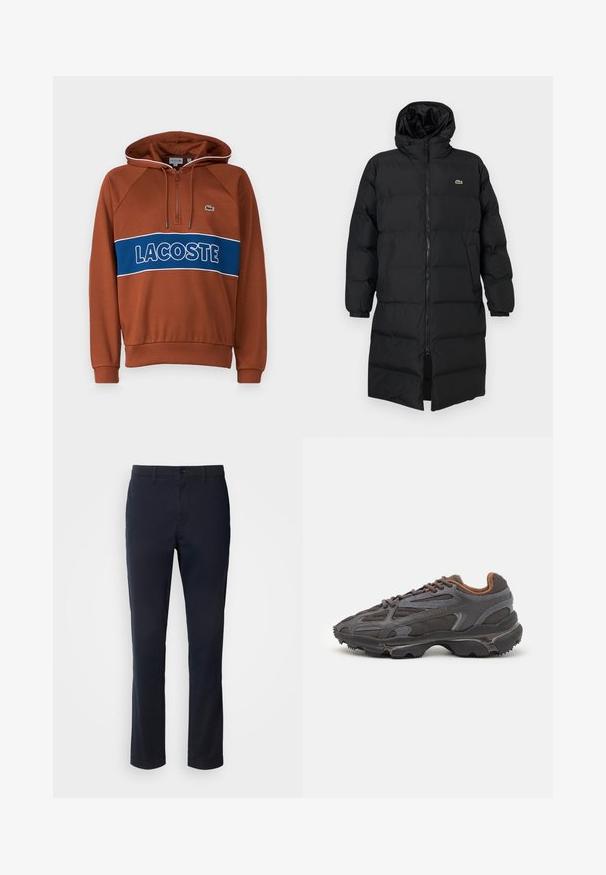 Czarna kurtka puchowa z kapturem, z pełnym zamkiem, długimi rękawami i długością sięgającą kolan. Miękka, pikowana tekstura z detalem logo.; Brązowa bluza z kapturem z zamkiem błyskawicznym, kontrastujący niebieski pas z napisem "LACOSTE", ściągacze na rękawach oraz małe logo na klatce piersiowej.; Granatowe spodnie wykonane z gładkiego materiału, z prostym krojem nogawki, szlufkami na pasek oraz zapięciem na guzik z zamkiem błyskawicznym.; Sneakers Lacoste w ciemnoszarym kolorze, wykonane z siateczki i materiału syntetycznego, z teksturowaną podeszwą oraz brązowymi akcentami na kołnierzu i logotypie.