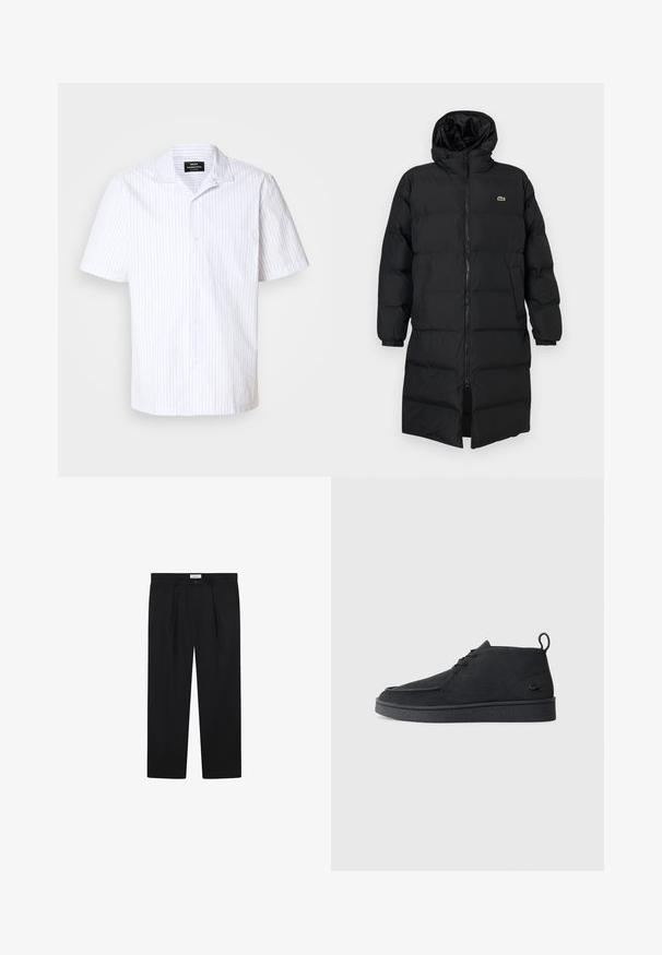 Zwarte pufferjas met een kap, voorzien van een volledige ritssluiting, lange mouwen en een lengte tot de knie. Zachte, gewatteerde textuur met logo-detail.; Korte mouwen shirt in wit met lichtblauwe verticale strepen, voorzien van een puntige kraag en een enkele borstzak.; Zwarte op maat gemaakte pantalons met plooien aan de voorkant, een rechte pasvorm en een knoopsluiting. De stof lijkt glad met een lichte glans.; Zwarte suède veterschoenen tot de enkel met een trekband en een gestructureerde zool, met een klein reliëf krokodillenlogo aan de zijkant.