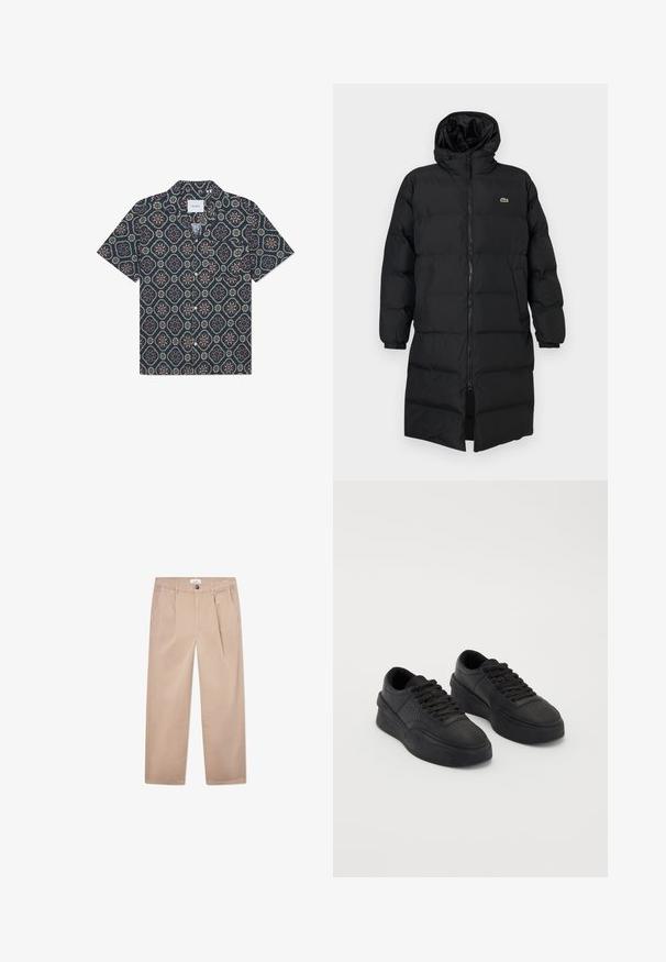 Must pufjakker, mille kapuutsiga, täispika tõmblukuga, pikkade varrukatega ja põlve pikkuses. Pehme, tikitud tekstuur, logodetailiga.; Lühikeste varrukatega särk, mis on valmistatud tumehalli kangast, millel on geomeetriline lillemuster erksates värvides, nööpidega ees ja lõdva kraega.; Kangid, sirge jala disainiga puuvillased khaki püksid, kus on kaks eesmist taskut, nööbiga kinnitamine ja klassikaline lõige.; Mustad nahast mustad sneekerid, millel on pehme tald. Omadusteks on lapikud paelad, perforatsioonid varvaste piirkonnas ja voolujooneline siluett.