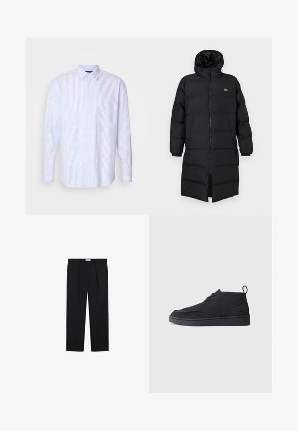 Zwarte pufferjas met een kap, voorzien van een volledige ritssluiting, lange mouwen en een lengte tot de knie. Zachte, gewatteerde textuur met logo-detail.; Lichtblauw en wit gestreept overhemd met lange mouwen, een button-down kraag, een borstzak en manchetten met één knoop. Gemaakt van katoen.; Zwarte op maat gemaakte pantalons met plooien aan de voorkant, een rechte pasvorm en een knoopsluiting. De stof lijkt glad met een lichte glans.; Zwarte suède veterschoenen tot de enkel met een trekband en een gestructureerde zool, met een klein reliëf krokodillenlogo aan de zijkant.