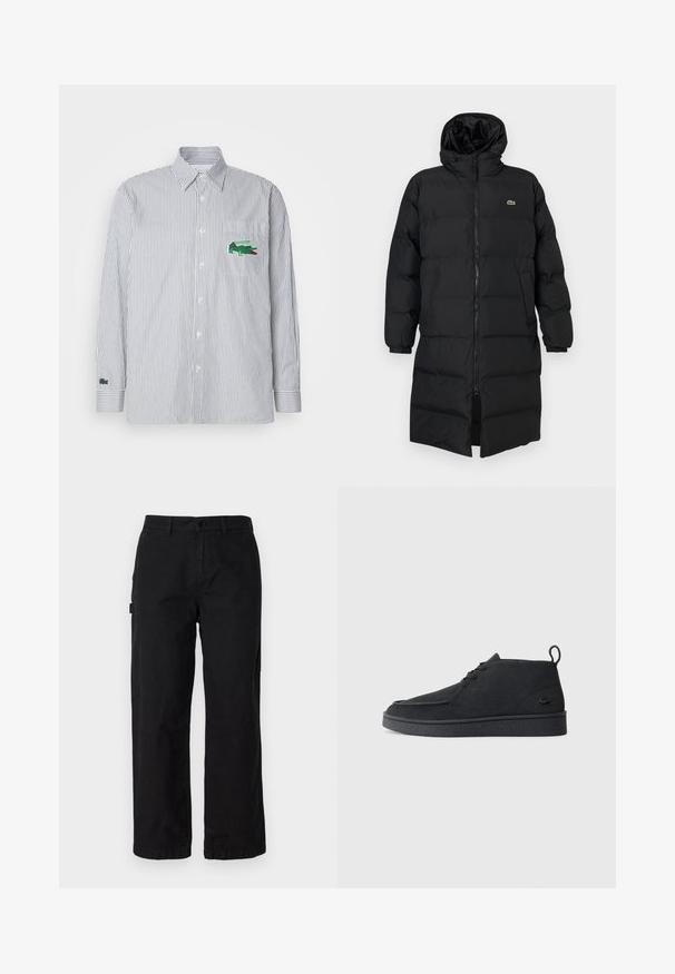 Casaco puffer preto com capuz, apresentando um fecho de correr completo, mangas longas e um design até ao joelho. Textura suave e acolchoada com detalhe do logotipo.; Lacoste Camisa - sinople white; Calças cargo de algodão pretas com um design de perna reta, apresentando bolsos laterais e um fecho frontal com botão. Tecido durável com uma textura suave.; Botim de tornozelo em camurça preta, com atacadores, aba na parte traseira e sola texturizada, apresentando um pequeno logótipo de crocodilo em relevo na lateral.