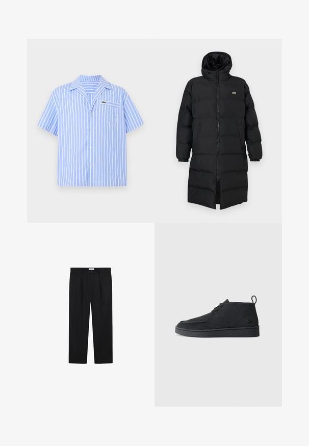 Crni zimski kaput s kapuljačom, s punim zatvaračem, dugim rukavima i dužinom do koljena. Mekana, kviltana tekstura s logom.; Svijetlos plava košulja s kratkim rukavima, na dugmad, s bijelim vertikalnim prugama i prednjim džepom na kojem se nalazi mali izvezeni logotip krokodila.; Crne krojene hlače s prednjim plisama, ravnog kroja i zatvaranjem na dugme. Tkanina izgleda glatko s blagim sjajem.; Crne antilop čizme do gležnja sa vezicama, kopčom za povlačenje i teksturiranom potplatom, s malim utisnutim logom krokodila sa strane.