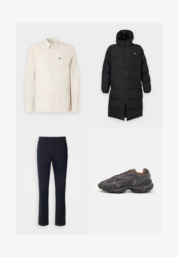 Černá péřová bunda s kapucí, s plným zipem, dlouhými rukávy a délkou po kolena. Měkká prošívaná textura s detailem loga.; Košile s dlouhým rukávem na knoflíky v krémové barvě s světle hnědým mřížkovým vzorem, s klasickým límečkem a malým vyšívaným logem.; Námořnické modré kalhoty vyrobené z hladkého materiálu, s rovnými nohavicemi, poutky na pásek a knoflíkovým zapínáním se zipem.; Sněrovací boty Lacoste v tmavě šedé barvě s síťovinou a syntetickým materiálem, prezentující texturovanou podrážku a hnědé detaily na límci a logu.