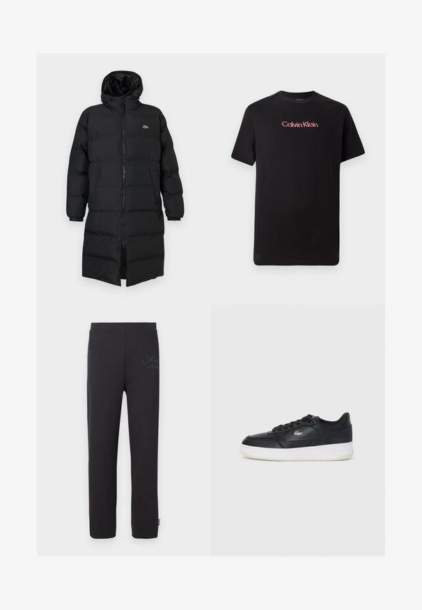 Črni napihnjen plašč s kapuco, ki ima poln zadrgo, dolge rokave in dolžino do kolen. Mehka, quilted tekstura z logotipom.; Črn kratkohlačnik s kratkimi rokavi iz bombaža, s središčno Calvin Klein logotipom v rdeči in beli barvi, z okroglim izrezom in sproščenim krojem.; Črne trenirke z elastičnim pasom, ki imajo subtilen natisnjen logotip na levem stegnu in ravno krojen dizajn.; Črne usnjene superge z belo podlago, s zaobljenim prstom, veznim dizajnom in diskretnim logotipom na strani. Zgornji del z teksturo.