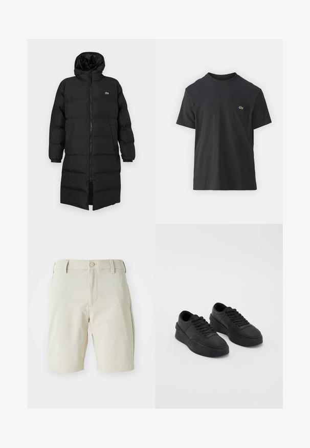 Black puffer coat with a hood, featuring a full zipper, long sleeves, and a knee-length design. Soft, quilted texture with logo detail.; Black cotton t-shirt with short sleeves, round neckline, and a small green logo on the left chest pocket. Simple design, regular fit.; Beige shorts made of lightweight fabric, featuring a flat front, belt loops, and a single button closure. Simple, clean design with no patterns.; Black sneakers made of smooth leather with a cushioned sole. Features include flat laces, perforations on the toe, and a sleek silhouette.