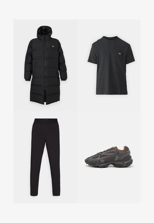 Schwarze Daunenjacke mit Kapuze, ausgestattet mit einem vollen Reißverschluss, langen Ärmeln und einem knielangen Schnitt. Weiche, gesteppten Textur mit Logodetail.; Schwarz Baumwoll-T-Shirt mit kurzen Ärmeln, rundem Ausschnitt und einem kleinen grünen Logo auf der linken Brusttasche. Einfaches Design, reguläre Passform.; Schwarze, schmal zulaufende Hosen mit elastischem Bund, aus einem glatten, leichten Stoff gefertigt, ohne sichtbare Muster oder Hardwaredetails.; Lacoste Sneaker in Dunkelgrau aus Mesh und Synthetikmaterial, mit einer strukturierten Sohle und braunen Akzenten am Kragen und Logo.