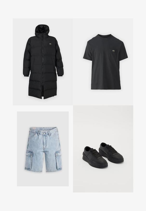 Černá péřová bunda s kapucí, s plným zipem, dlouhými rukávy a délkou po kolena. Měkká prošívaná textura s detailem loga.; Černé bavlněné tričko s krátkým rukávem, kulatým výstřihem a malým zeleným logem na levé kapse. Jednoduchý design, klasický střih.; Světlé modré denimové cargo šortky s volným střihem, vybavené dvěma bočními kapsami a prošíváním podél švů.; Černé tenisky vyrobené z hladké kůže s polstrovanou podrážkou. Mezi vlastnosti patří ploché tkaničky, perforace na špičce a elegantní silueta.