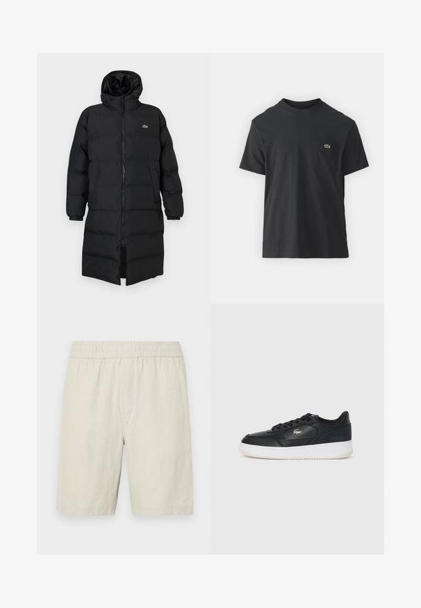 Must pufjakker, mille kapuutsiga, täispika tõmblukuga, pikkade varrukatega ja põlve pikkuses. Pehme, tikitud tekstuur, logodetailiga.; Must musta T-särk lühikeste varrukatega, ümmarguse kaelusega ja väikese rohelise logoga vasakus rinnataskus. Lihtne disain, regulaarne lõige.; Bežist linane lühikesed püksid elastse taljega, sujuva tekstuuri ja otsekärpimisega disainiga, mis ulatub just üle põlvede.; Must tosin nahast tossud valge pohja ja ümarate varvastega, söötud nööridega ja diskreetne logo küljes. Tekstuuritud ülaserv.