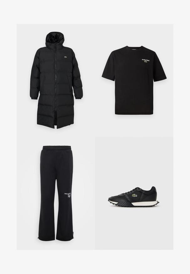 Svart dunjakke med hette, med hel glidelås, lange ermer og knelengde. Myk, quiltet tekstur med logodetalj.; Svart bomull t-skjorte med korte ermer, rund hals, som har "Jeu Set et Match" i hvit brodering og en grønn krokodillelogo som accent.; Sorte joggebukser med avslappet passform, laget av mykt stoff. Har elastisk midje og sidelommer, med en logo på det ene benet.; Sorte joggesko med en glatt lærfinish, som har en teksturert gummisåle, hvit mellomsåle og en grønn brodert logo på siden.