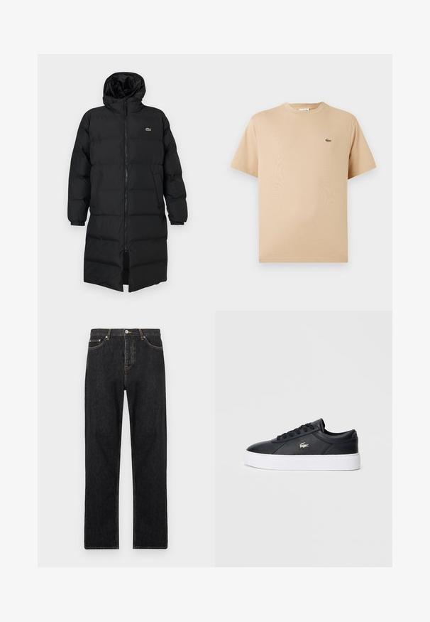 Crni zimski kaput s kapuljačom, s punim zatvaračem, dugim rukavima i dužinom do koljena. Mekana, kviltana tekstura s logom.; Bež majica od pamučnog platna s okruglim izrezom, kratkim rukavima; sadrži mali, vezeni zeleni krokodil logo na lijevoj strani.; Crne traperice od denima ravnog kroja, s gumbom za zatvaranje, pet džepova i suptilnim šavovima duž šavova.; Crne kožne tenisice s okruglim vrhom, tonu vezicama i podstavljenim ovratnikom. Imaju bijelu platformu i mali logotip kao akcent.
