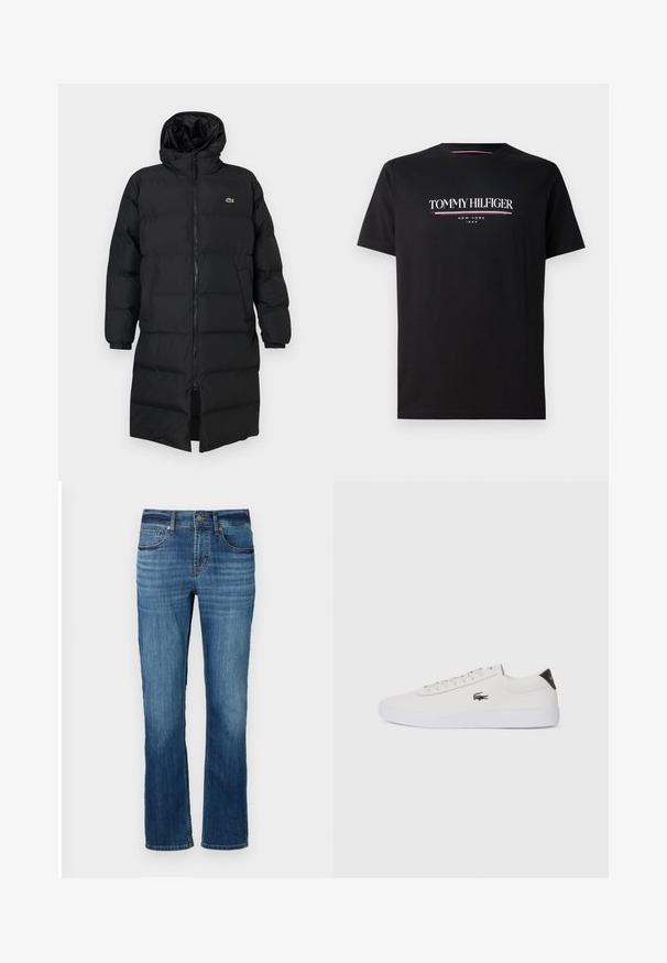 Mustahomeinen musta untuvatakki hupulla, jossa on täysipitkä vetoketju, pitkät hihat ja polvenpituinen malli. Pehmeä, tikkikuvioitu pinta logotiedolla.; Musta puuvillane t-särk, millel on valge ja värviline "TOMMY HILFIGER" logo ning "NEW YORK" ja "1985" väiksemas tekstis all. Lühikesed varrukad, ümmargune kaelus.; Siniset farkut suoran lahkeen muotoilulla, joissa on viisi taskua, vaaleaa kulumista ja kuparinväristä ommelta. Viimeistelty tavanomaisella vyötärönauhalla.; Valkoinen nahkakenkä pyöreällä varvalla, nauhakiinnitys edessä ja musta kantapään korostus. Sivussa pieni brodyoitu krokotiililogo.