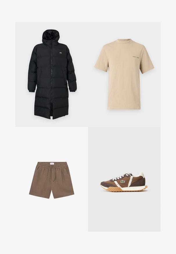 Juodas pūkinis paltas su kapišonu, su pilnu užtrauktuku, ilgomis rankovėmis ir iki kelių ilgio. Minkšta, siuvinėta tekstūra su logotipo detale.; Bežinis medvilnės marškinėliai su apvaliu kaklu ir trumpomis rankovėmis. Krūtinėje subtilus juodas "SAMSOE" teksto logotipas.; Rudos lino šortai su elastinga juosta, virvute ir šoninėmis kišenėmis. Lygi tekstūra ir kasdieniškas dizainas.; Rudos sportbačiai su baltais akcentais, pagaminti iš zomšos ir tekstilės. Turi tekstūruotą gumos padą ir Lacoste logotipą šone.