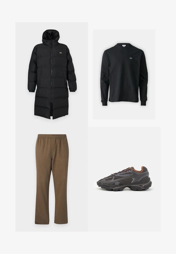 Fekete, kapucnis puffertakó, teljes cipzárral, hosszú ujjakkal és térd hosszig érő fazonnal. Puha, steppelt textúra logó részlettel.; Fekete hosszú ujjú pamut póló, kerek nyakkivágással, bal mellen egy kis zöld hímzett krokodil logóval.; Samsøe Samsøe JABARI - Nadrágok - canteen; Sötét szürke Lacoste sportcipők hálós és szintetikus anyagból, textúrázott talppal és barna díszítésekkel a nyak részen és a logón.