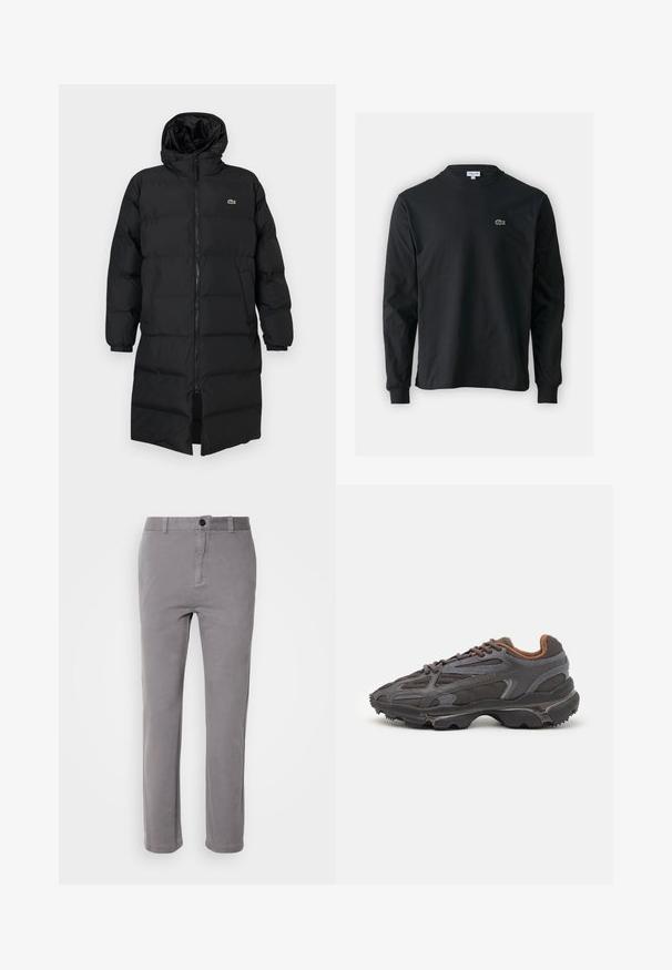 Svart dunjakke med hette, med hel glidelås, lange ermer og knelengde. Myk, quiltet tekstur med logodetalj.; Svart langermet T-skjorte laget av bomull, med rund hals og en liten grønn brodert krokodillelogo på venstre bryst.; Grå bomullsblandingsbukser med rett ben-design, enkel knappelukking og sidelommer. Glatt tekstur med en subtil glans.; Lacoste-sneakers i mørkegrått med mesh- og syntetisk materiale, med en teksturert såle og brune detaljer på kragen og merket.