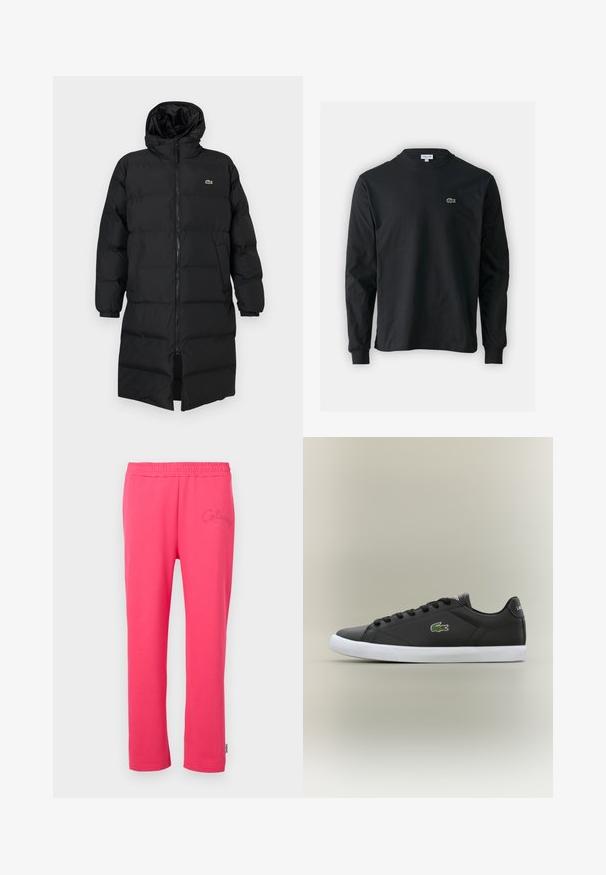 Schwarze Daunenjacke mit Kapuze, ausgestattet mit einem vollen Reißverschluss, langen Ärmeln und einem knielangen Schnitt. Weiche, gesteppten Textur mit Logodetail.; Schwarzes Langarm-T-Shirt aus Baumwolle, mit Rundhalsausschnitt und einem kleinen grünen, gestickten Krokodil-Logo auf der linken Brust.; Rosa Baumwoll-Loungehosen mit einem elastischen Bund und gesticktem Logo-Detail auf der Vorderseite. Mit einem geraden Bein-Design.; Schwarze Leder-Sneaker mit weißer Gummisohle, ausgestattet mit einem grünen Krokodil-Logo und runden Schnürsenkeln, elegantes Design mit glatter Textur.