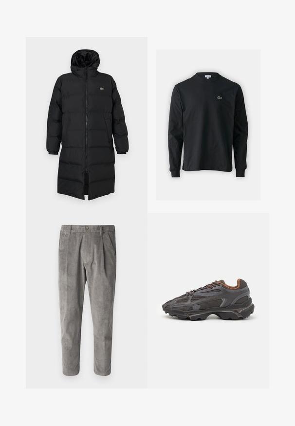 Black puffer coat with a hood, featuring a full zipper, long sleeves, and a knee-length design. Soft, quilted texture with logo detail.; Black long-sleeve t-shirt made of cotton, featuring a round neckline and a small green embroidered crocodile logo on the left chest.; Gray corduroy trousers with a textured vertical stripe pattern, featuring a button closure and two side pockets. Tailored fit and cropped length.; Lacoste sneakers in dark gray with mesh and synthetic material, featuring a textured sole and brown accents on the collar and branding.