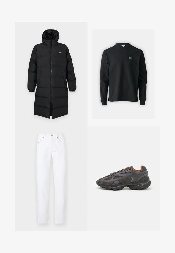 Black puffer coat with a hood, featuring a full zipper, long sleeves, and a knee-length design. Soft, quilted texture with logo detail.; Black long-sleeve t-shirt made of cotton, featuring a round neckline and a small green embroidered crocodile logo on the left chest.; White denim jeans with a straight-leg fit, featuring a classic five-pocket design and metal button closure. Minimalistic style with no patterns.; Lacoste sneakers in dark gray with mesh and synthetic material, featuring a textured sole and brown accents on the collar and branding.