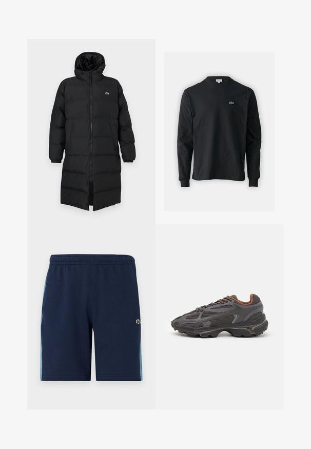 Abrigo acolchado negro con capucha, que presenta un cierre completo, mangas largas y un diseño hasta la rodilla. Textura suave y acolchada con detalle de logo.; Camiseta de manga larga negra de algodón, con escote redondo y un pequeño logo de cocodrilo bordado en verde en el lado izquierdo del pecho.; Pantalones cortos de color azul marino con una cinturilla elástica, que presentan paneles laterales en un tono azul más claro y un pequeño logo verde en la parte inferior de la pierna. Material de mezcla de algodón.; Zapatillas Lacoste en gris oscuro con material de malla y sintético, que cuentan con una suela texturizada y detalles en marrón en el cuello y la marca.