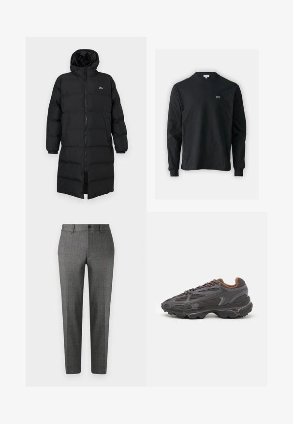 Black puffer coat with a hood, featuring a full zipper, long sleeves, and a knee-length design. Soft, quilted texture with logo detail.; Black long-sleeve t-shirt made of cotton, featuring a round neckline and a small green embroidered crocodile logo on the left chest.; Gray tailored trousers with a textured fabric, featuring a straight-leg cut, front pockets, and a simple button closure at the waist.; Lacoste sneakers in dark gray with mesh and synthetic material, featuring a textured sole and brown accents on the collar and branding.