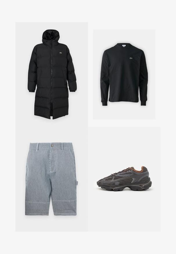 Black puffer coat with a hood, featuring a full zipper, long sleeves, and a knee-length design. Soft, quilted texture with logo detail.; Black long-sleeve t-shirt made of cotton, featuring a round neckline and a small green embroidered crocodile logo on the left chest.; Striped shorts in navy and white, featuring a belt loop, button closure, two side pockets, and a straight cut ending just above the knee.; Lacoste sneakers in dark gray with mesh and synthetic material, featuring a textured sole and brown accents on the collar and branding.