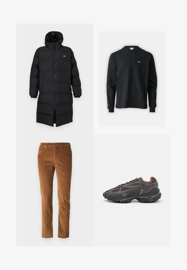 Black puffer coat with a hood, featuring a full zipper, long sleeves, and a knee-length design. Soft, quilted texture with logo detail.; Black long-sleeve t-shirt made of cotton, featuring a round neckline and a small green embroidered crocodile logo on the left chest.; Brown corduroy trousers with a straight cut, featuring a zip fly, button closure, and two front pockets. Textured fabric with vertical ribs.; Lacoste sneakers in dark gray with mesh and synthetic material, featuring a textured sole and brown accents on the collar and branding.