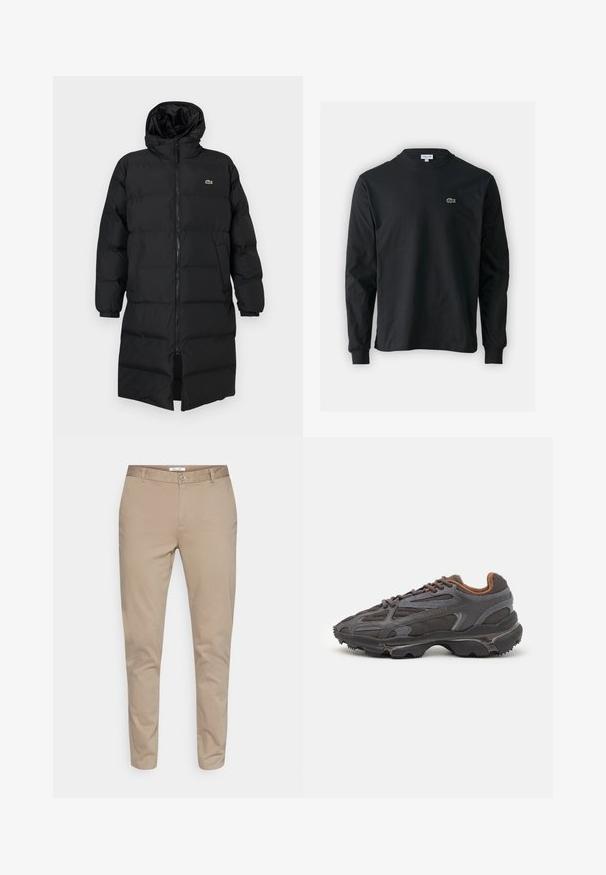 Czarna kurtka puchowa z kapturem, z pełnym zamkiem, długimi rękawami i długością sięgającą kolan. Miękka, pikowana tekstura z detalem logo.; Czarna koszulka z długim rękawem, wykonana z bawełny, z okrągłym dekoltem i małym haftowanym logo krokodyla w kolorze zielonym po lewej stronie klatki piersiowej.; Beżowe bawełniane chinosy o prostym kroju nogawki, z guzikowym zapięciem, kijkami na pasek i bocznymi kieszeniami. Gładka tekstura bez wzorów.; Sneakers Lacoste w ciemnoszarym kolorze, wykonane z siateczki i materiału syntetycznego, z teksturowaną podeszwą oraz brązowymi akcentami na kołnierzu i logotypie.